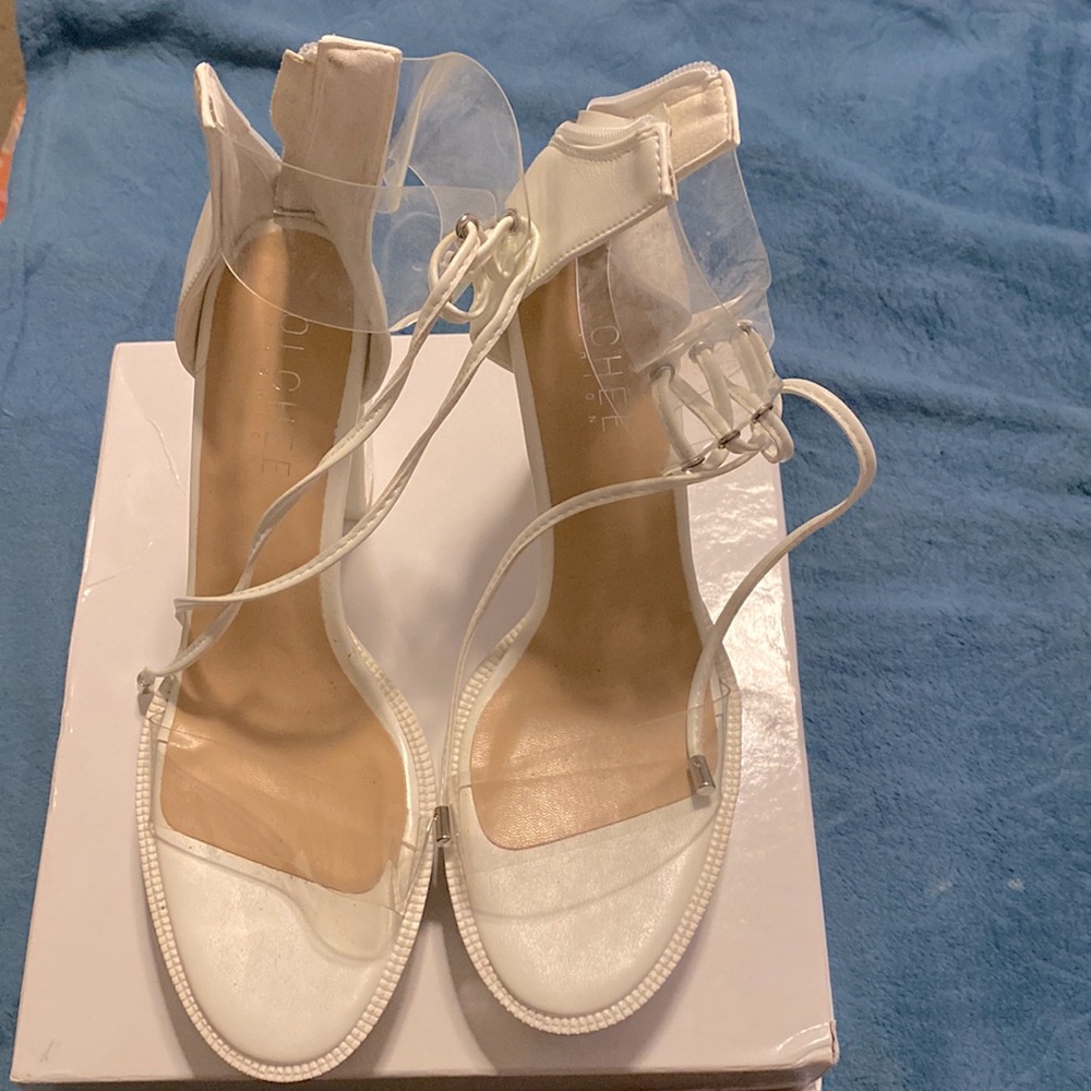 OLCHEE Women's Clear Ankle Strap Platform Sandals - Transparent Lace Chunky Heel